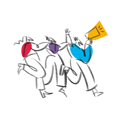Sketch of someone with a loudhailer leading others